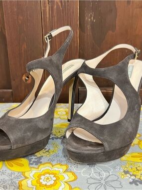 Giorgio Armani Charcoal Suede Open-Toe Slingback Platform Heels